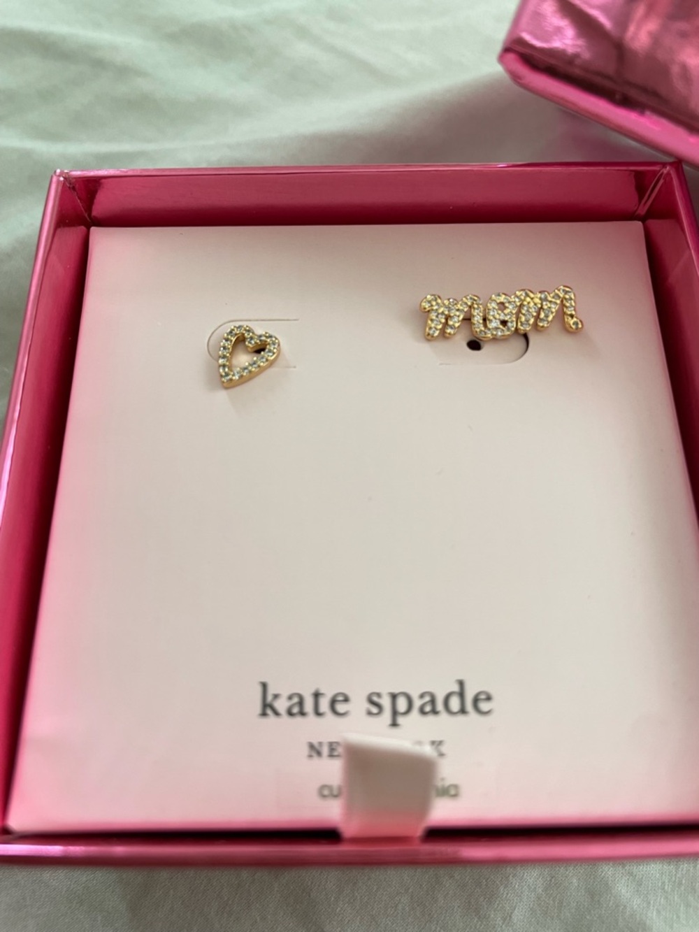 Kate Spade Jewelry | Mom & Heart Stud Earrings Set Gold Pavé NWT Gift Box